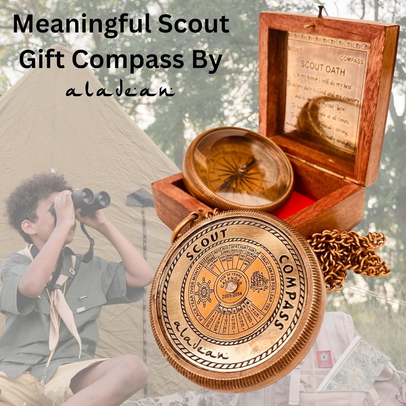 ALADEAN Scout Compass Gift Boys - Engraved Scout Oath Compass in wood Box Scout Always Prepared Camping Orienteering Compass, Hiking Backpacking Compass gift, 50 year calander - Image 4